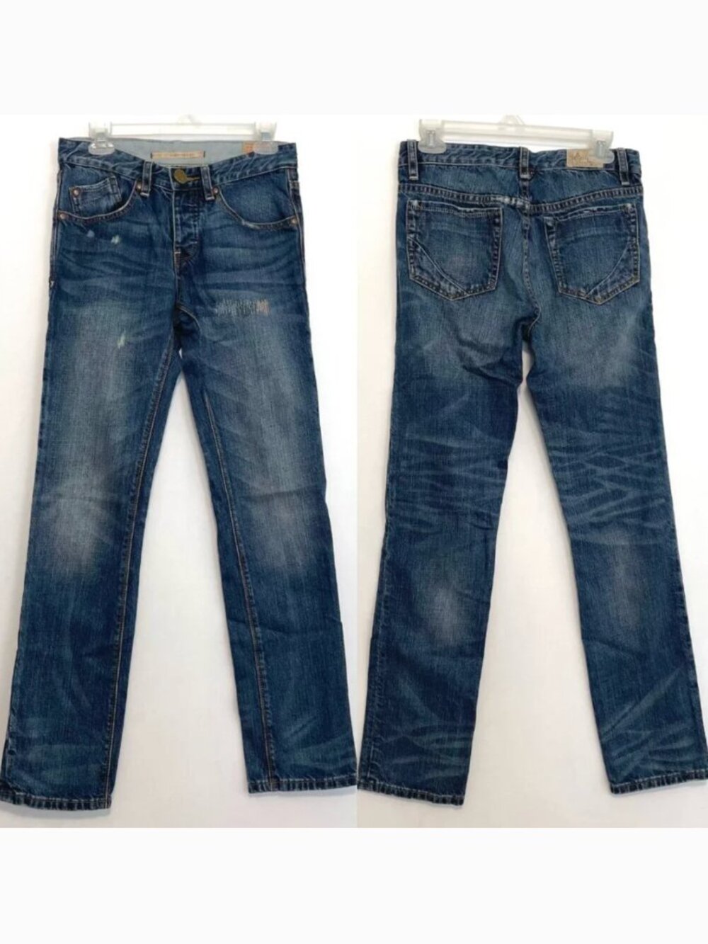 COHESIVE CO Mens Dark Wash Distressed Embroidered Button Fly Ripped Jeans 29x33